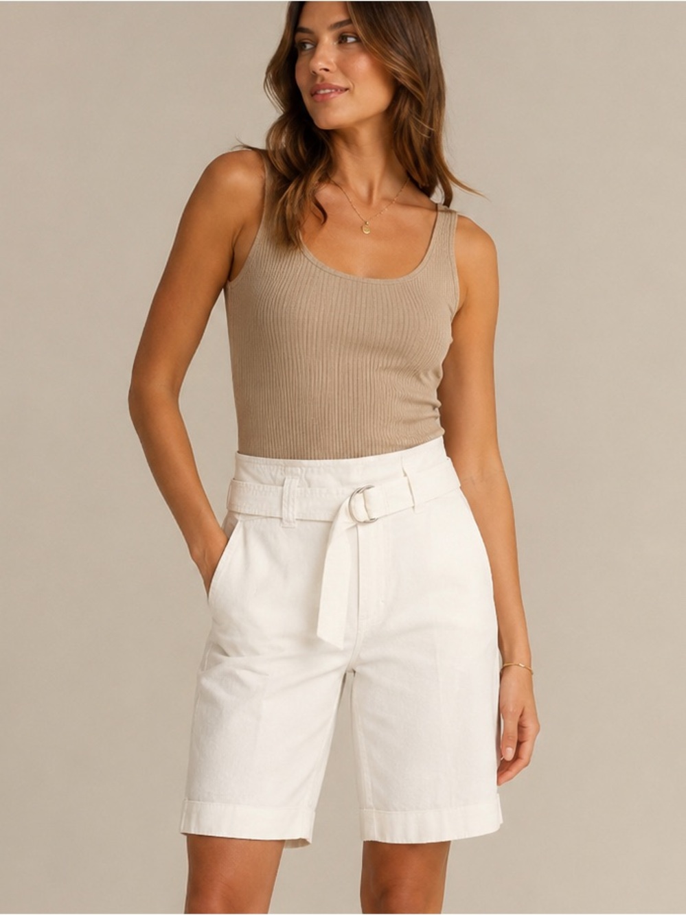 NIC+ZOE paper white belted Bermuda shorts